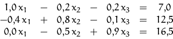 \begin{displaymath}
\begin{array}
{ccccccc}
 1,\!0\,x_1 &-& 0,\!2\,x_2 &-& 0,\!2...
 ...\!0\,x_1 &-& 0,\!5\,x_2 &+& 0,\!9\,x_3 &=& 16,\!5\\ \end{array}\end{displaymath}