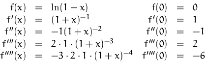 \begin{displaymath}
\begin{array}
{rclrcl}
 f(x) &=& \ln(1+x) &f(0) &=& 0\\  f'(...
 ...dot 2 \cdot 1 \cdot ( 1+x)^{-4} &f''''(0)&=& -6\\  \end{array} \end{displaymath}
