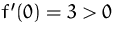 $f'(0)=3 \gt 0$