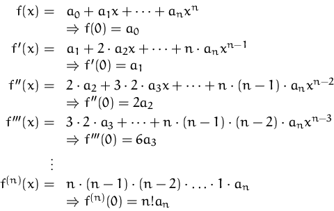 \begin{displaymath}
\begin{array}
{rl}
f(x) =& a_0 + a_1 x + \cdots + a_n x^n \...
... 1 \cdot a_n\\ & \Rightarrow f^{(n)}(0) = n! a_n\\ \end{array}\end{displaymath}