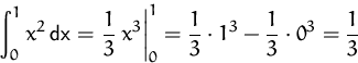 \begin{displaymath}
\int_0^1 x^2 \,\mbox{dx} =
\left.\frac{1}{3}\,x^3\right\ve...
...1=
\frac{1}{3}\cdot 1^3 - \frac{1}{3}\cdot 0^3=
\frac{1}{3}
\end{displaymath}