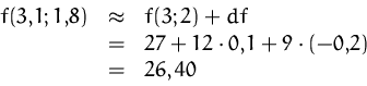 \begin{displaymath}
\begin{array}
{rcl}
f(3{,}1;1{,}8)&\approx& f(3;2)+df\\ &=&27+ 12\cdot 0{,}1 + 9\cdot (-0{,}2)\\ &=&26,40
\end{array}\end{displaymath}