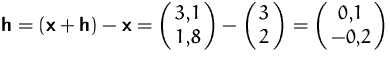 $\mathsfbf{h}=(\mathsfbf{x} + \mathsfbf{h}) - \mathsfbf{x} =
\pmatrix{ 3{,}1\cr 1{,}8 } -
\pmatrix{ 3\cr 2 } =
\pmatrix{ 0{,}1\cr -0{,}2 }$