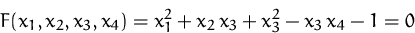 \begin{displaymath}
F(x_1,x_2,x_3,x_4)=x_1^2+x_2\,x_3+x_3^2-x_3\,x_4-1=0
 \end{displaymath}