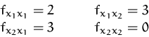 \begin{displaymath}
\begin{array}
{ll}
 f_{x_1 x_1}=2\qquad & f_{x_1 x_2}=3\\  f_{x_2 x_1}=3\qquad & f_{x_2 x_2}=0\\  \end{array} \end{displaymath}