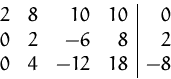 \begin{displaymath}
\begin{array}
{rrrr\vert r}
2&8&10 &10&0\\ 0&2&-6 &8 &2\\ 0&4&-12&18&-8\\ \end{array} \end{displaymath}
