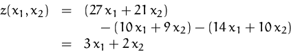\begin{displaymath}
\begin{array}
{rcl}
z(x_1,x_2) &=&
(27\,x_1+21\,x_2)\\ &&...
...1+9\,x_2) - (14\,x_1+10\,x_2)\\ &=& 3\,x_1 + 2\,x_2\end{array}\end{displaymath}