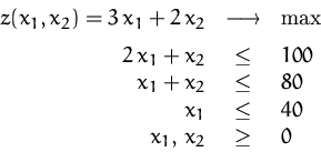 \begin{displaymath}
\begin{array}
{rcl}
z(x_1,x_2)=3\,x_1+2\,x_2 &\longrightarr...
... &\leq& 80\\ x_1 &\leq& 40\\ x_1,\,x_2 &\geq& 0\\ \end{array}\end{displaymath}