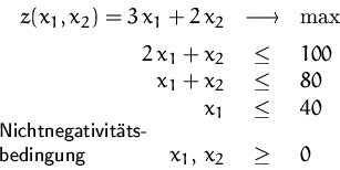 \begin{displaymath}
\begin{array}
{rcl}
 z(x_1,x_2)=3\,x_1+2\,x_2 &\longrightarr...
 ...htnegativit�ts-\\  bedingung}
 x_1,\,x_2 &\geq& 0\\ \end{array}\end{displaymath}