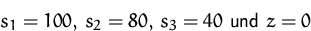 \begin{displaymath}
s_1=100,\, s_2=80,\, s_3=40\mbox{ und }z=0\end{displaymath}