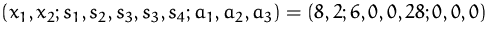$(x_1,x_2;s_1,s_2,s_3,s_3,s_4;a_1,a_2,a_3)
 =(8,2;6,0,0,28;0,0,0)$