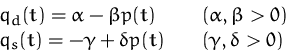 \begin{displaymath}
\begin{array}
{ll}
q_d(t) = \alpha - \beta p(t)\quad & (\al...
...\gamma +\delta p(t)\quad & (\gamma, \delta \gt 0)
\end{array} \end{displaymath}