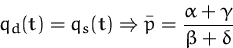 \begin{displaymath}
q_d(t) = q_s(t) \Rightarrow \bar{p} 
 = \frac {\alpha + \gamma}{\beta + \delta}
 \end{displaymath}