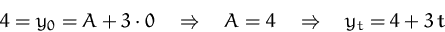\begin{displaymath}
4 = y_0 = A + 3\cdot 0
 \quad\Rightarrow\quad
 A = 4
 \quad\Rightarrow\quad
 y_t = 4 + 3\,t
 \end{displaymath}