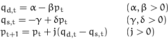 \begin{displaymath}
\begin{array}
{ll}
q_{d,t} = \alpha - \beta p_t\quad & (\al...
...1} = p_t + j (q_{d,t} - q_{s,t})\quad & (j \gt 0)
\end{array} \end{displaymath}