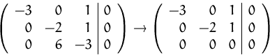 \begin{displaymath}
\left( \begin{array}
{rrr\vert r}
-3 & 0 & 1 & 0\\ 0 & -2 ...
...1 & 0\\ 0 & -2 & 1 & 0\\ 0 & 0 & 0 & 0
\end{array} \right)
\end{displaymath}