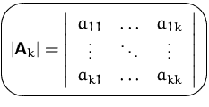 $\mbox{\ovalbox{$\displaystyle \vert\mathsfbf{A}_k\vert
 =
 \left\vert
 \begin{a...
 ...dots & \ddots & \vdots \\  a_{k1} & \ldots & a_{kk}
 \end{array} \right\vert$}}$