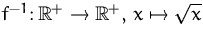 $f^{-1}\colon{\mathbb R}^+\to{\mathbb R}^+,\,x\mapsto\sqrt{x}$
