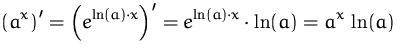$\displaystyle\left(a^x\right)'=
 \left(e^{\ln(a)\cdot x}\right)'=
 e^{\ln(a)\cdot x}\cdot\ln(a) =
 a^x\,\ln(a)$