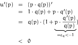 \begin{displaymath}
\begin{array}
{rcl}
u'(p)& = & (p\cdot q(p))'\\ &=&1\cdot ...
...frac{q'(p)}{q(p)}}_{=\varepsilon_q < -1})\\ &<& 0
\end{array}\end{displaymath}