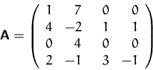 \begin{displaymath}
\mathsfbf{A}=\left(
 \begin{array}
{rrrrr}
 1&7&\hspace*{1,5ex}0&0\\  4&-2&1&1\\  0&4&0&0\\  2&-1&3&-1\\  \end{array}\right)\end{displaymath}