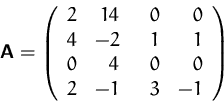 \begin{displaymath}
\mathsfbf{A}=\left(
 \begin{array}
{rrrrr}
 2&14&\hspace*{1,5ex}0&0\\  4&-2&1&1\\  0&4&0&0\\  2&-1&3&-1\\  \end{array}\right)\end{displaymath}
