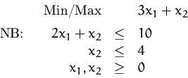 \begin{displaymath}
\begin{array}
{rcl}
 \mbox{Min/Max} && 3x_1 + x_2\\ [1ex]
 \...
 ... x_2 &\le& 10 \\  x_2 &\le& 4 \\  x_1, x_2 &\ge& 0
 \end{array}\end{displaymath}