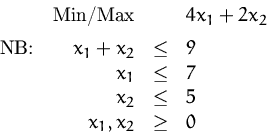 \begin{displaymath}
\begin{array}
{rcl}
 \mbox{Min/Max} && 4x_1 + 2x_2\\ [1ex]
 ...
 ...\  x_1 &\le& 7 \\  x_2 &\le& 5 \\  x_1,x_2 &\ge& 0
 \end{array}\end{displaymath}