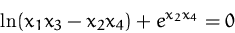 \begin{displaymath}
\ln (x_{{1}}x_{{3}}-x_{{2}}x_{{4}})+{e}^{x_{{2}}x_{{4}}} = 0 \end{displaymath}