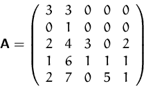 \begin{displaymath}
\mathsfbf{A}=\left(
\begin{array}
{rrrrr}
3&3&0&0&0\\ 0&1&0&0&0\\ 2&4&3&0&2\\ 1&6&1&1&1\\ 2&7&0&5&1
\end{array}\right)\end{displaymath}