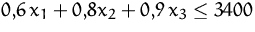$0{,}6\,x_1 + 0{,}8 x_2 + 0{,}9\,x_3 \leq 3400$