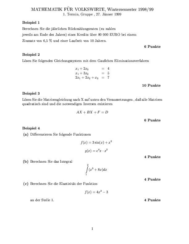Musterklausur aus Mathematik für Volkswirte Seite 1