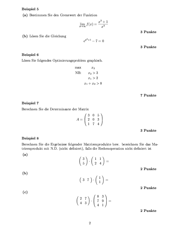 Musterklausur aus Mathematik für Volkswirte Seite 2