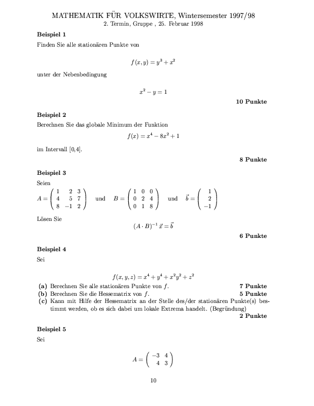 Musterklausur aus Mathematik für Volkswirte Seite 10