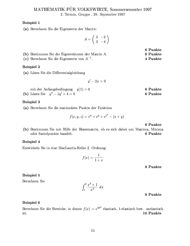 Musterklausur aus Mathematik für Volkswirte Seite 15