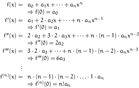 \begin{displaymath}
\begin{array}
{rl}
 f(x) =& a_0 + a_1 x + \cdots + a_n x^n \...
 ... 1 \cdot a_n\\  & \Rightarrow f^{(n)}(0) = n! a_n\\ \end{array}\end{displaymath}