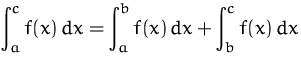 $\displaystyle\int_a^c f(x)\,dx =
 \displaystyle\int_a^b f(x)\,dx + \int_b^c f(x)\,dx$