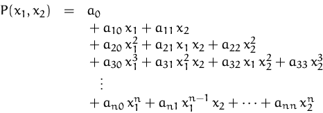 \begin{displaymath}
\begin{array}
{rcl}
 P(x_1,x_2) & = & a_0\\  &&{}+a_{10}\,x_...
 ...}\,x_1^n+a_{n1}\,x_1^{n-1}\,x_2+\cdots+a_{nn}\,x_2^n\end{array}\end{displaymath}