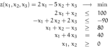 \begin{displaymath}
\begin{array}
{rcl}
 z(x_1,x_2,x_3)=2\,x_1-5\,x_2+x_3 &\long...
 ...1 + 4\,x_3 &=& 40\\ [0.5ex]
 x_1,\,x_2 &\geq& 0\\  \end{array} \end{displaymath}