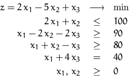 \begin{displaymath}
\begin{array}
{rcl}
 z = 2\,x_1-5\,x_2+x_3 &\longrightarrow&...
 ...1 + 4\,x_3 &=& 40\\ [0.5ex]
 x_1,\,x_2 &\geq& 0\\  \end{array} \end{displaymath}