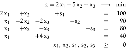\begin{displaymath}
\begin{array}
{rrrrrrcr}
 &&&&&\makebox[0pt][r]{$z=2\,x_1-5\...
 ...0pt][r]{$x_1,\,x_2,\,s_1,\,s_2,\,s_3$} &\geq& 0\\  \end{array} \end{displaymath}