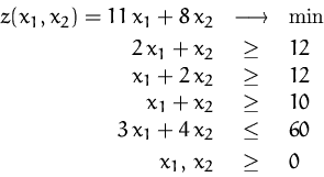 \begin{displaymath}
\begin{array}
{rcl}
 z(x_1,x_2)=11\,x_1+8\,x_2 &\longrightar...
 ... + 4\,x_2 &\leq& 60\\ [0.5ex]
 x_1,\,x_2 &\geq& 0\\ \end{array}\end{displaymath}