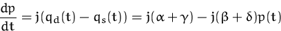 \begin{displaymath}
\frac {dp}{dt} = j (q_d(t) - q_s(t)) 
 = j ( \alpha + \gamma) - j (\beta + \delta) p(t)
 \end{displaymath}