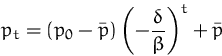 \begin{displaymath}
p_t = (p_0-\bar{p})\left(-\frac{\delta}{\beta}\right)^t + \bar{p}\end{displaymath}
