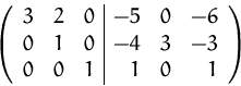 \begin{displaymath}
\left( 
 \begin{array}
{rrr\vert rrr}
 3 & 2 & 0 & -5 & 0 & ...
 ...-4 & 3 & -3 \\  0 & 0 & 1 & 1 & 0 & 1 \\  \end{array} \right)
 \end{displaymath}