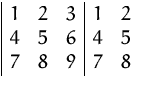 $
 \begin{array}
{\vert ccc\vert cc}
 1 & 2 & 3 & 1 & 2 \\  4 & 5 & 6 & 4 & 5 \\  7 & 8 & 9 & 7 & 8 \\  \end{array}$