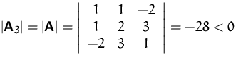 $\vert\mathsfbf{A}_3\vert=\vert\mathsfbf{A}\vert
 = \left\vert
 \begin{array}
{ccc}
 1 & 1 & -2\\  1 & 2 & 3\\  -2& 3 & 1
 \end{array} \right\vert
 = -28<0$