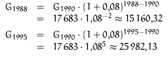 $
 \begin{array}
{rcl}
 G_{1988} &=& G_{1990}\cdot (1+0{,}08)^{1988-1990}\\  &=&...
 ...8)^{1995-1990}\\  &=& 17\,683\cdot 1{,}08^{5}\approx 25\,982{,}13
 \end{array} $