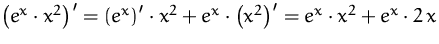 $\left(e^x\cdot x^2\right)'=
 \left(e^x\right)'\cdot x^2 + e^x\cdot\left(x^2\right)'=
 e^x\cdot x^2 + e^x\cdot 2\,x$